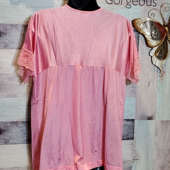 Vintage Henson Kickernick Sz M Pink Nylon Lace Pajama Top Button Up - Picture 6 of 9